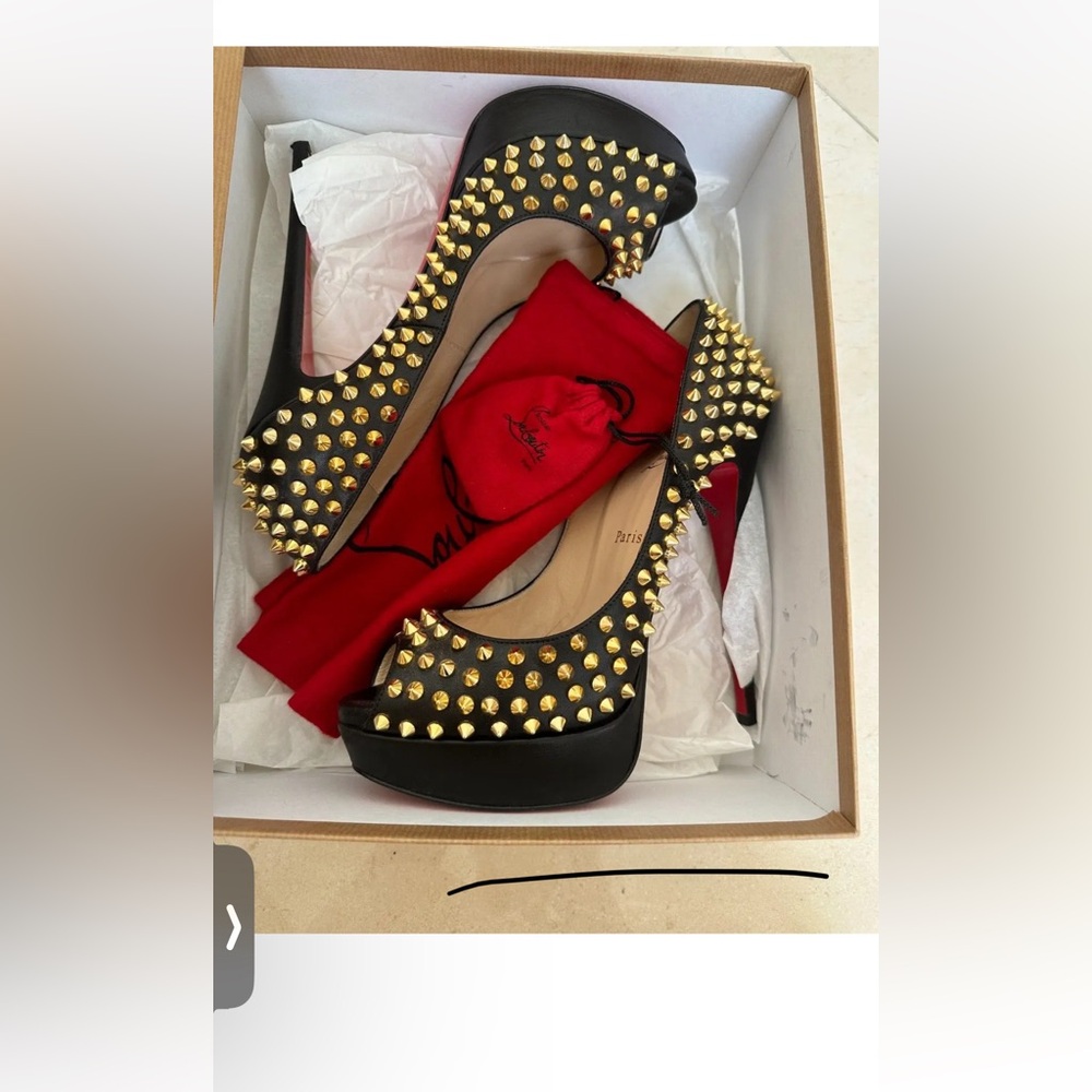 Authentic CL spiked peep, 150mm box dust bag, extra heel taps included,